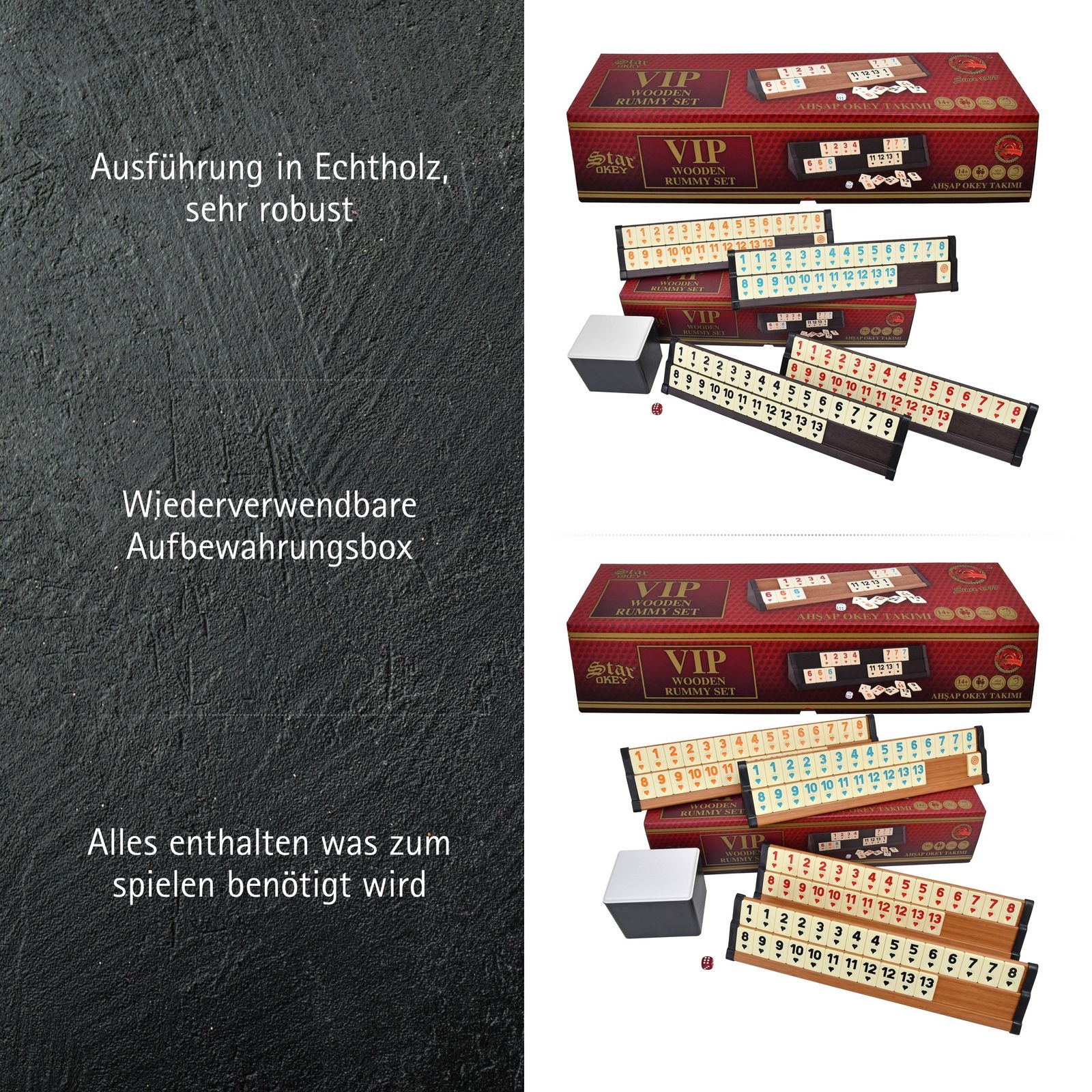 Star Holz Rummy Spiel Set VIP Okey 106 Melamin Steine schwere Qualität TAKIMI Premium Ausführung HOLZ