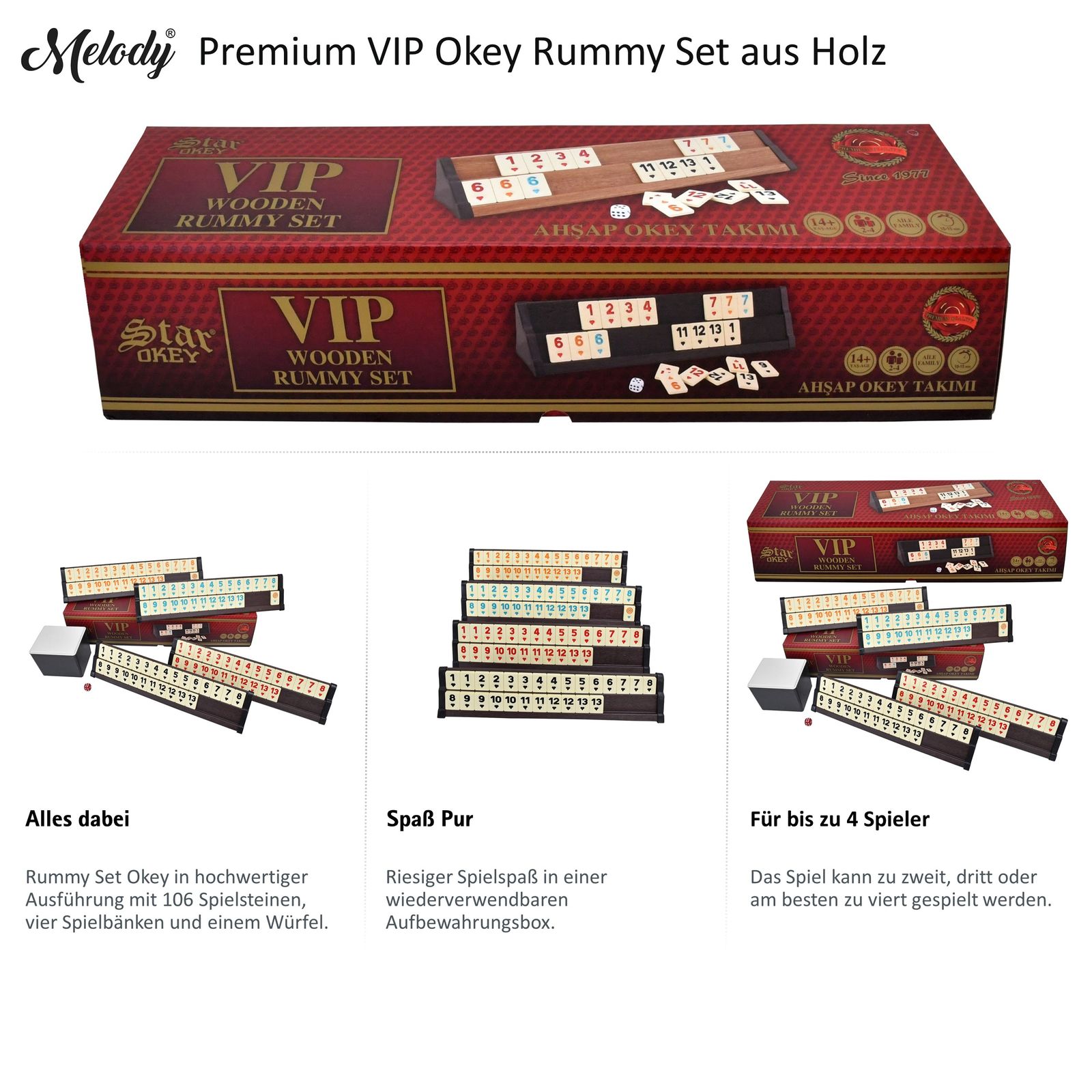 Star Holz Rummy Spiel Set VIP Okey 106 Melamin Steine schwere Qualität TAKIMI Premium Ausführung HOLZ